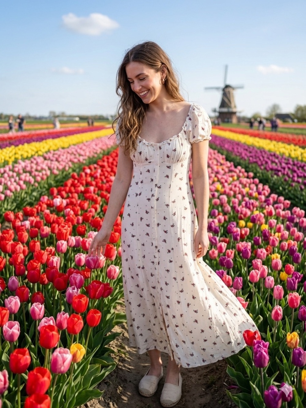 H&M Cream Floral Midi Dress with Puff Sleeves Size S